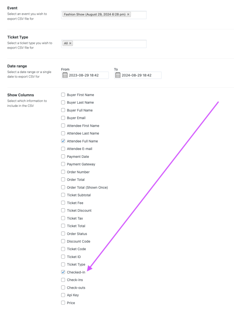 csv export add-on - export checked-in