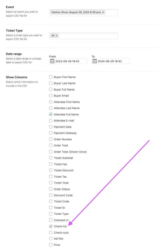 csv export add-on - check-ins