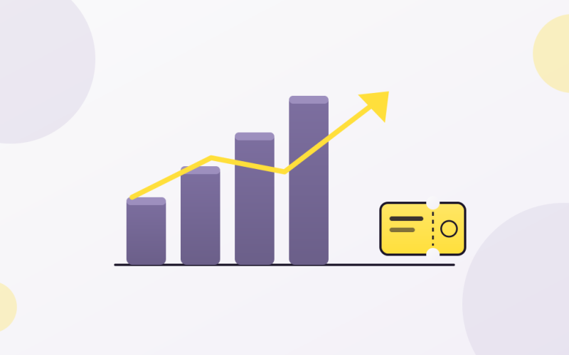 Illustration of rising ticket sales with a chart and a ticket