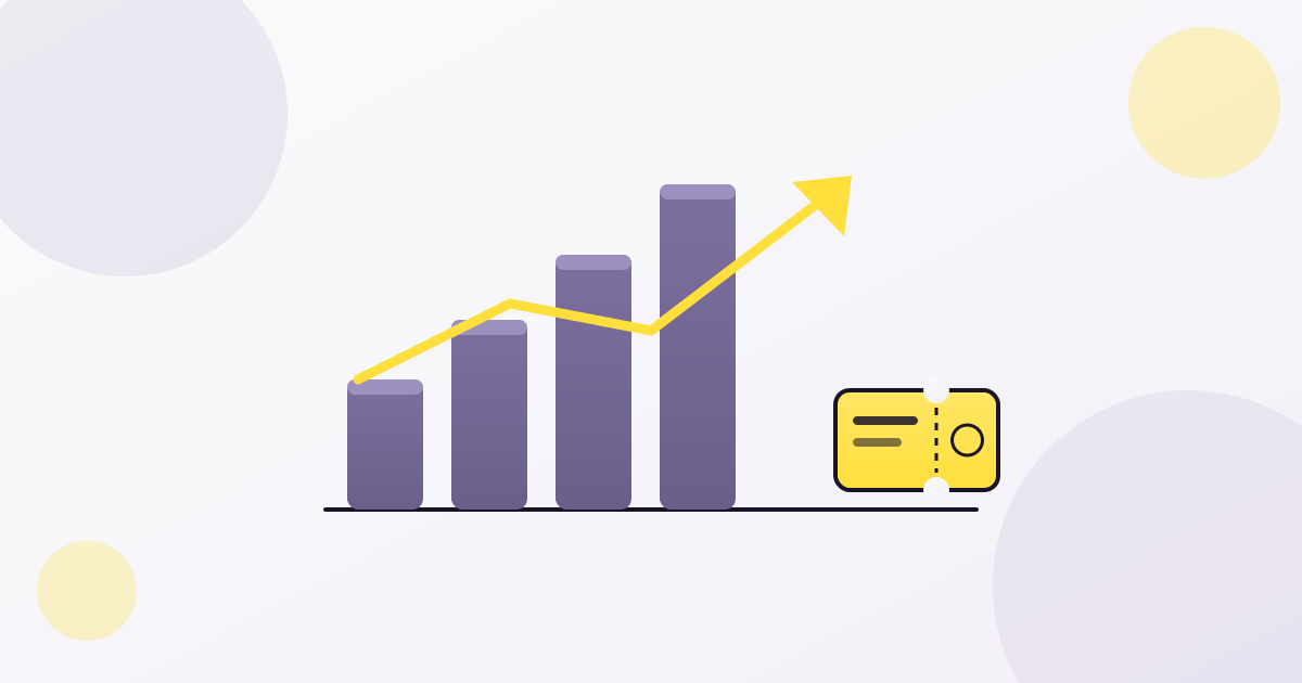 Illustration of rising ticket sales with a chart and a ticket