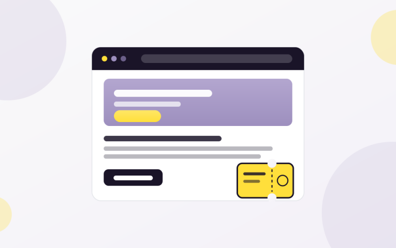 Illustration of an event landing page with a ticket and a Get Tickets button