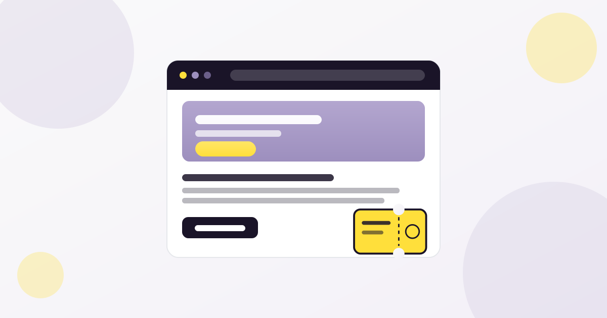 Illustration of an event landing page with a ticket and a Get Tickets button