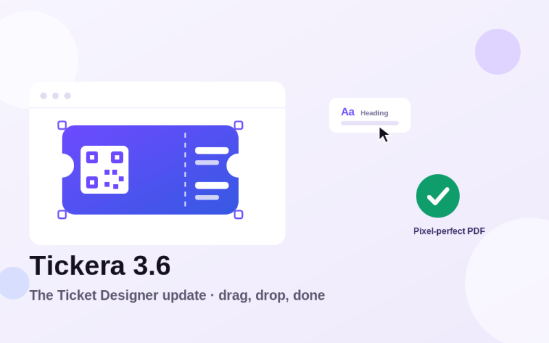 Flat illustration of the Tickera 3.6 Ticket Designer: a ticket with a QR code on a design canvas with selection handles, a draggable text element, and a pixel-perfect PDF checkmark