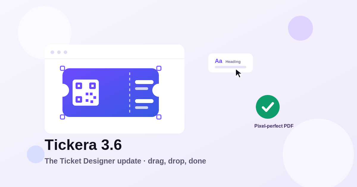 Flat illustration of the Tickera 3.6 Ticket Designer: a ticket with a QR code on a design canvas with selection handles, a draggable text element, and a pixel-perfect PDF checkmark