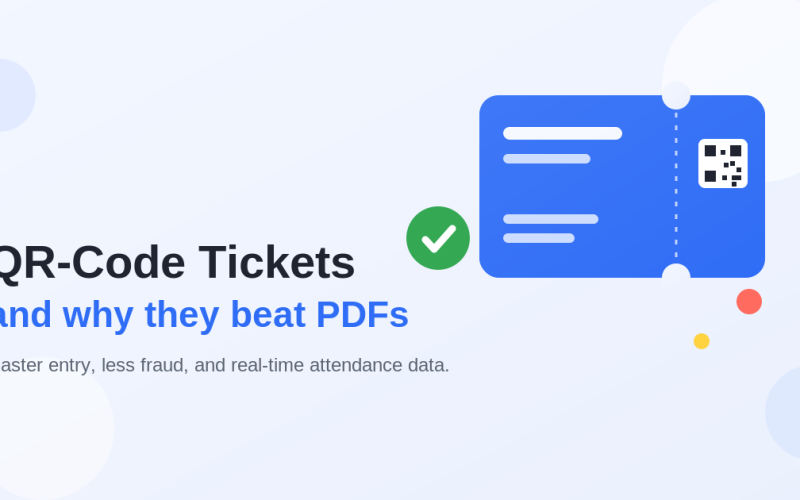 Flat illustration of a blue event ticket with a QR code and a green check mark, titled QR-Code Tickets and why they beat PDFs