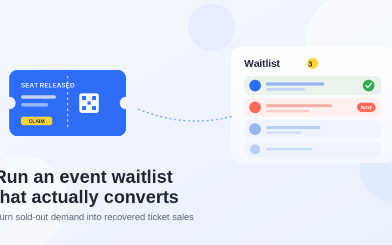 Flat illustration of an event waitlist releasing a seat: a blue ticket marked Seat Released with a Claim button and QR code, beside a waitlist card showing a confirmed attendee, a next-up attendee, and people waiting.