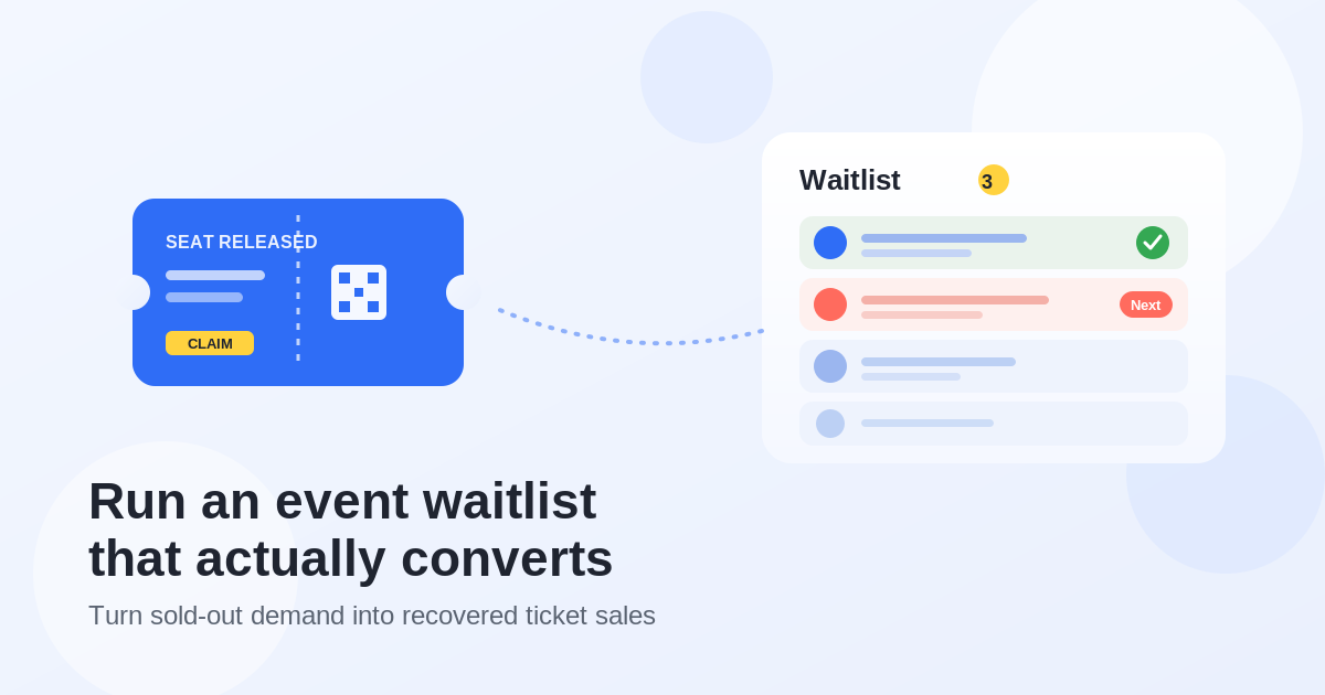 Flat illustration of an event waitlist releasing a seat: a blue ticket marked Seat Released with a Claim button and QR code, beside a waitlist card showing a confirmed attendee, a next-up attendee, and people waiting.