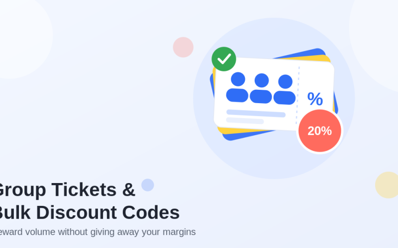 Flat illustration of a stack of event tickets showing a group of three attendees, a percent symbol, and a coral 20% discount badge with a green check mark.