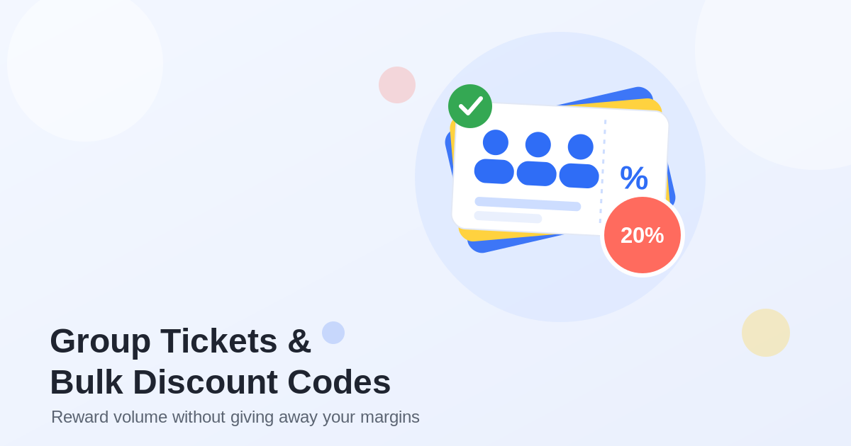 Flat illustration of a stack of event tickets showing a group of three attendees, a percent symbol, and a coral 20% discount badge with a green check mark.