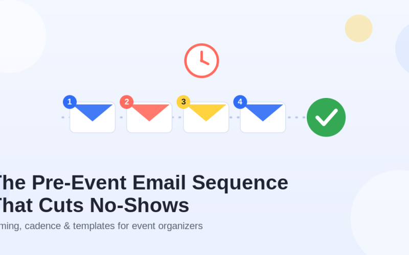 Flat illustration of a four-step pre-event email sequence: numbered envelopes on a dashed timeline with a clock icon and a green check mark, on a light blue background.