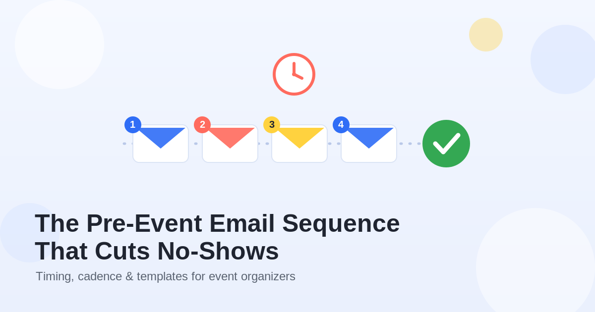 Flat illustration of a four-step pre-event email sequence: numbered envelopes on a dashed timeline with a clock icon and a green check mark, on a light blue background.