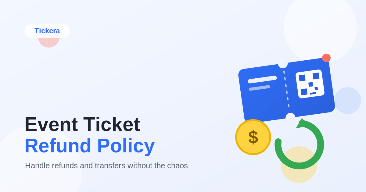 Flat illustration of a blue event ticket with a QR code, a gold dollar coin, and a green circular refund arrow, with the title Event Ticket Refund Policy