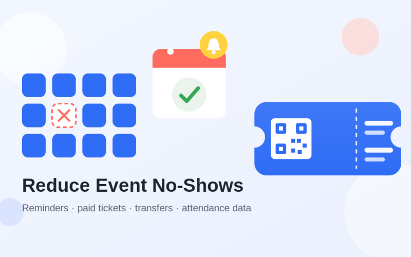 Flat illustration of an event no-show: rows of seats with one empty chair, a calendar reminder, and a ticket with a QR code