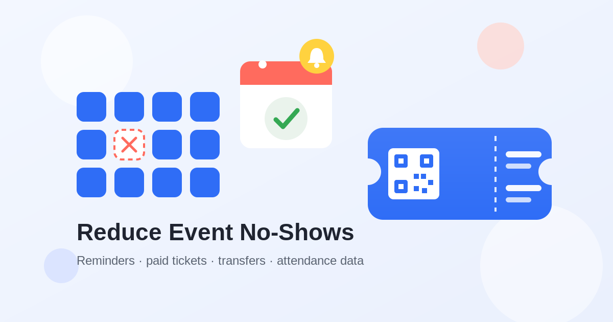 Flat illustration of an event no-show: rows of seats with one empty chair, a calendar reminder, and a ticket with a QR code