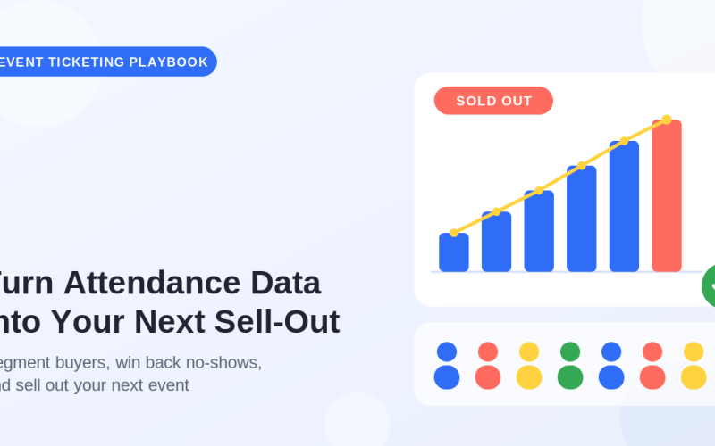 Flat illustration of a rising bar chart trending up to a coral Sold Out bar with a green check mark, above a row of colorful attendee icons, beside the headline Turn Attendance Data Into Your Next Sell-Out.