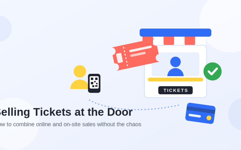 Flat illustration of a ticket booth with a seller, a large ticket, an attendee holding a phone with a QR code, a payment card, and a green check mark