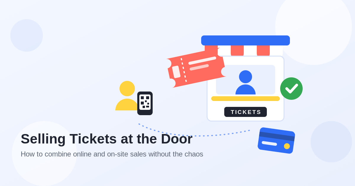 Flat illustration of a ticket booth with a seller, a large ticket, an attendee holding a phone with a QR code, a payment card, and a green check mark
