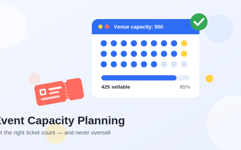 Flat illustration of a venue seat map showing 425 sellable tickets out of a 500-person capacity, with a progress bar, a coral event ticket, and a green checkmark, titled Event Capacity Planning