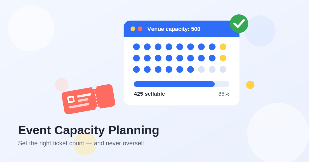 Flat illustration of a venue seat map showing 425 sellable tickets out of a 500-person capacity, with a progress bar, a coral event ticket, and a green checkmark, titled Event Capacity Planning
