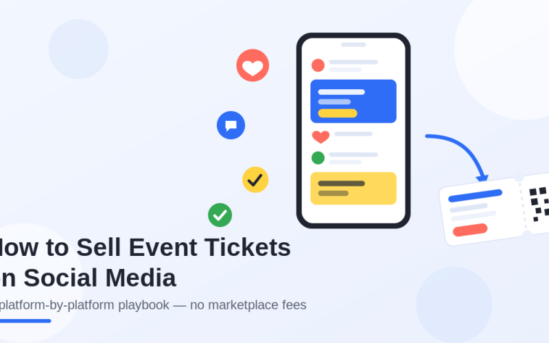 Flat illustration of a smartphone showing a social media feed with an arrow pointing to a QR-code event ticket, titled How to Sell Event Tickets on Social Media