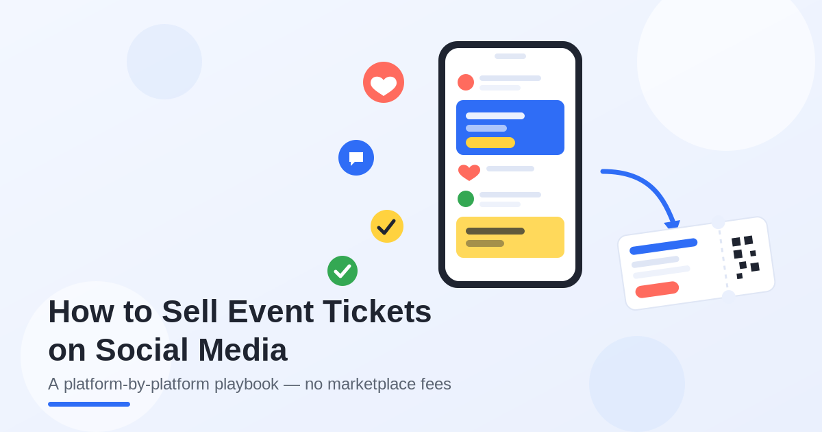 Flat illustration of a smartphone showing a social media feed with an arrow pointing to a QR-code event ticket, titled How to Sell Event Tickets on Social Media