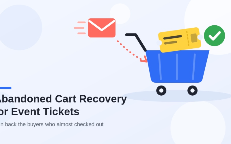 Flat illustration of a recovery email flying back toward a shopping cart holding an event ticket, with a green success check mark
