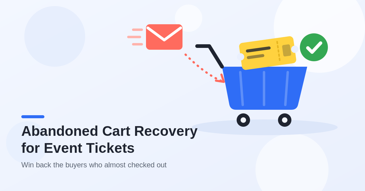Flat illustration of a recovery email flying back toward a shopping cart holding an event ticket, with a green success check mark