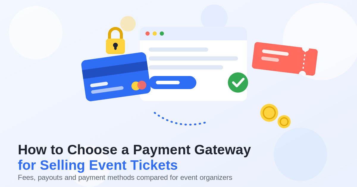 Flat illustration of an online checkout with a credit card, padlock, event ticket, coins and a green success checkmark, titled How to Choose a Payment Gateway for Selling Event Tickets