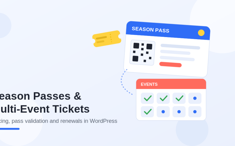 Flat illustration of a season pass card with a QR code linked to an events calendar with green check marks, titled Season Passes and Multi-Event Tickets