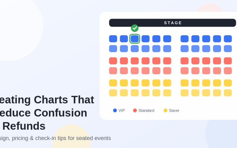 Flat illustration of an event seating chart with a stage, color-coded VIP, Standard and Saver seat zones, and one selected seat marked with a green check