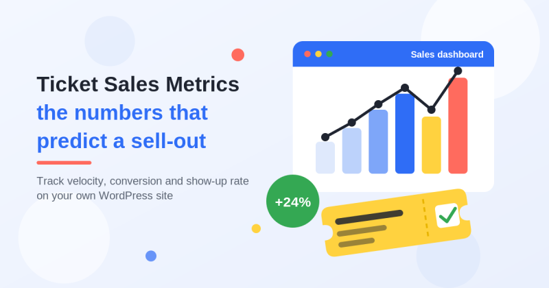 Flat illustration of a ticket sales dashboard with a rising bar chart and trend line, a +24% growth badge, and a yellow event ticket with a green checkmark