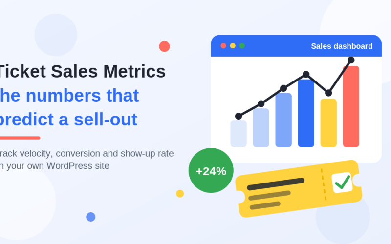Flat illustration of a ticket sales dashboard with a rising bar chart and trend line, a +24% growth badge, and a yellow event ticket with a green checkmark
