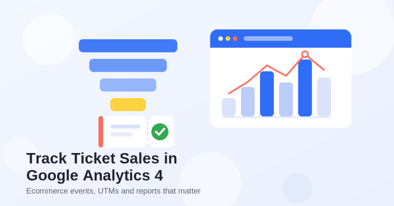 Flat illustration of an analytics dashboard with a bar chart and trend line, a conversion funnel, and an event ticket with a green check mark