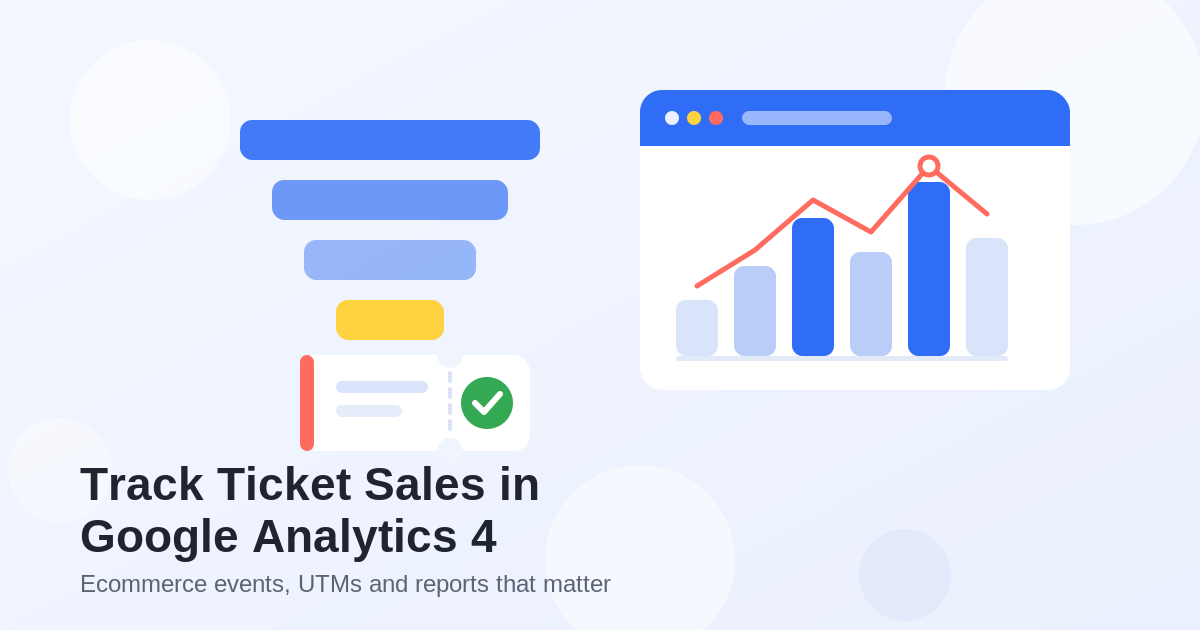 Flat illustration of an analytics dashboard with a bar chart and trend line, a conversion funnel, and an event ticket with a green check mark