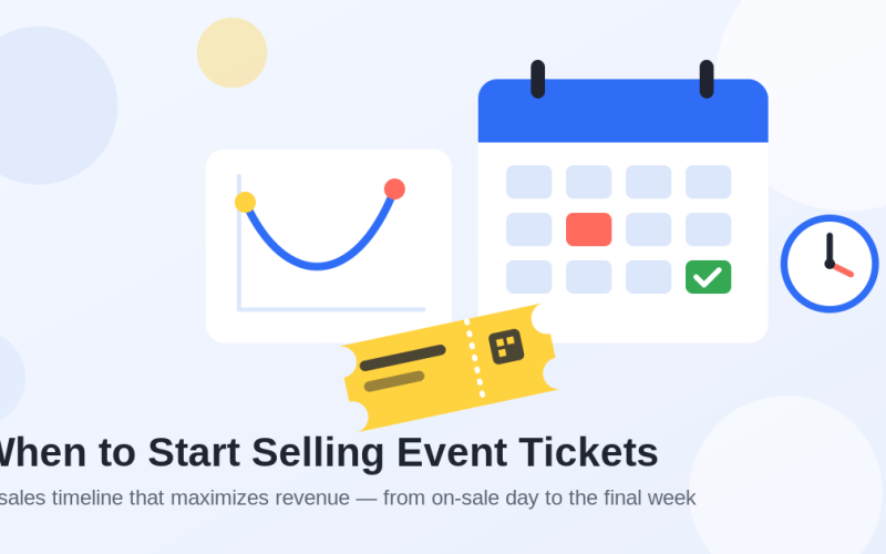 Flat illustration of a calendar with a marked on-sale date, a U-shaped ticket sales curve chart, a yellow event ticket and a clock, with the title When to Start Selling Event Tickets