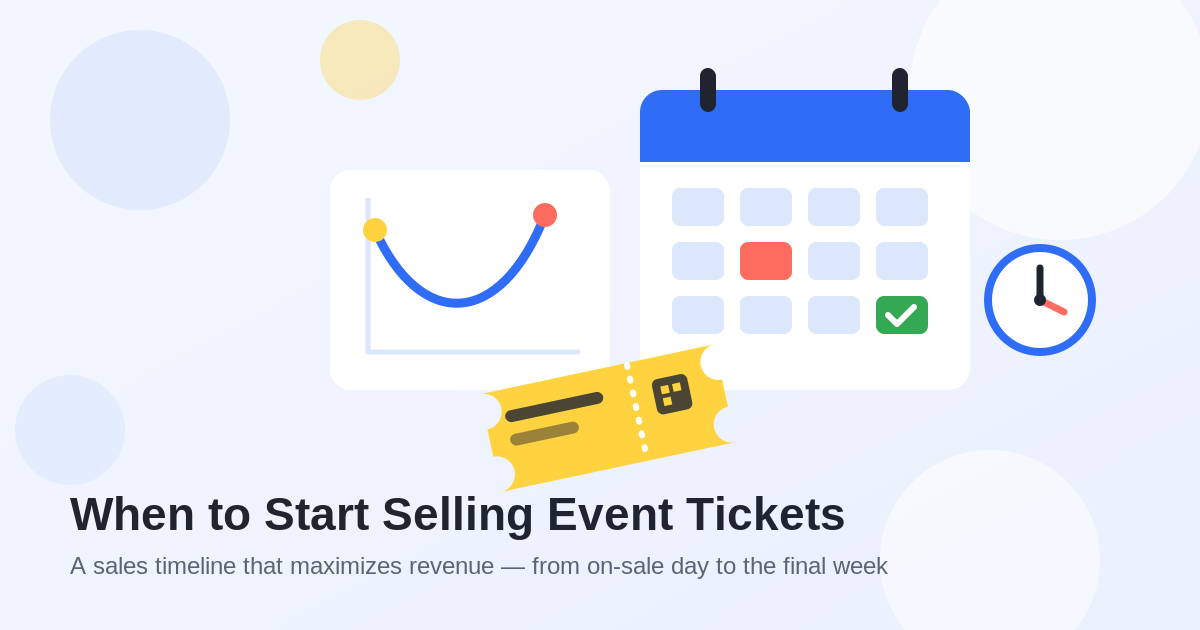 Flat illustration of a calendar with a marked on-sale date, a U-shaped ticket sales curve chart, a yellow event ticket and a clock, with the title When to Start Selling Event Tickets