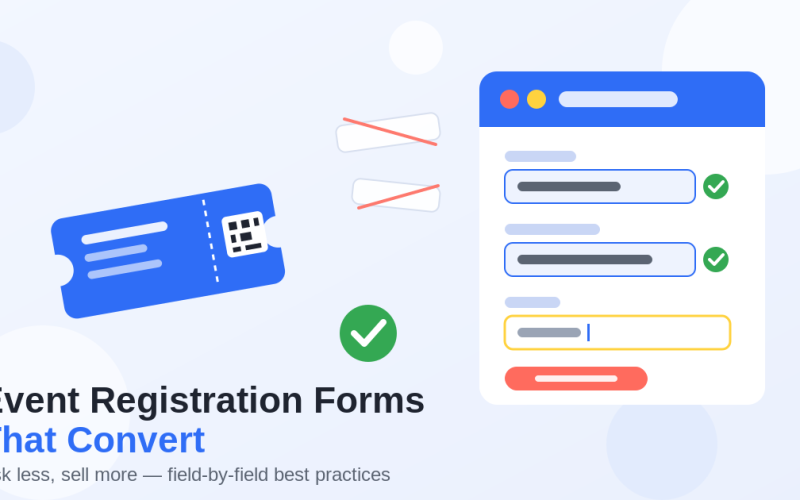 Flat illustration of an event registration form with checked fields, crossed-out unnecessary fields, and an event ticket, titled Event Registration Forms That Convert
