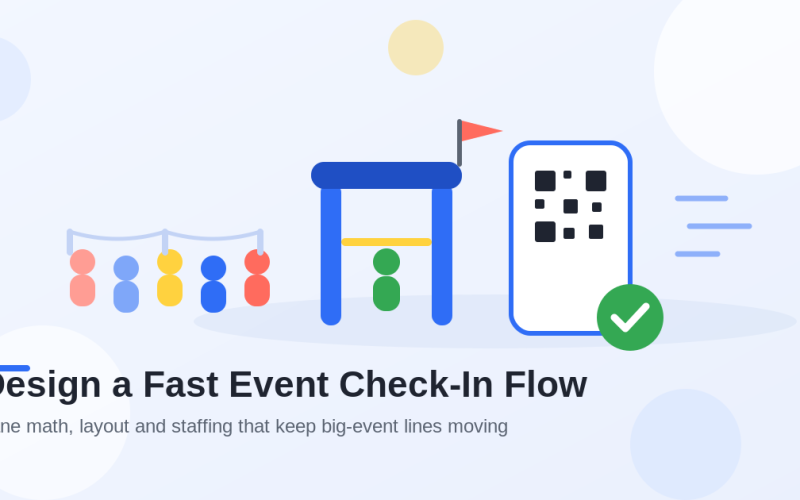 Flat illustration of a fast event check-in flow: a queue of attendees behind rope posts, a blue entrance gate with a scanner, a phone showing a QR code ticket with a green check mark