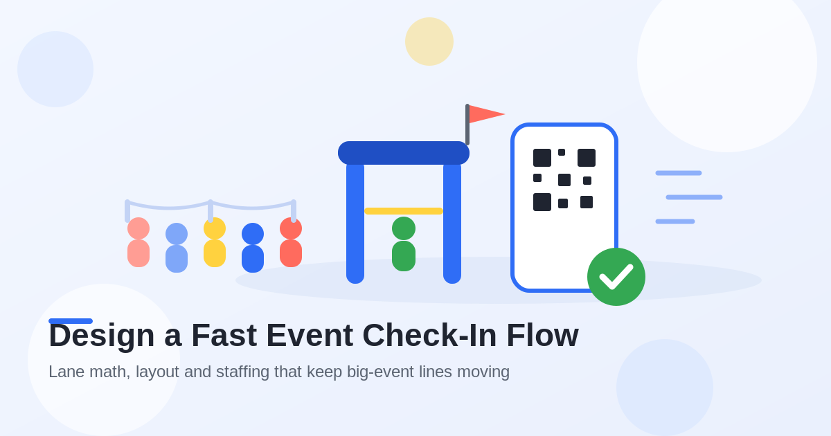 Flat illustration of a fast event check-in flow: a queue of attendees behind rope posts, a blue entrance gate with a scanner, a phone showing a QR code ticket with a green check mark