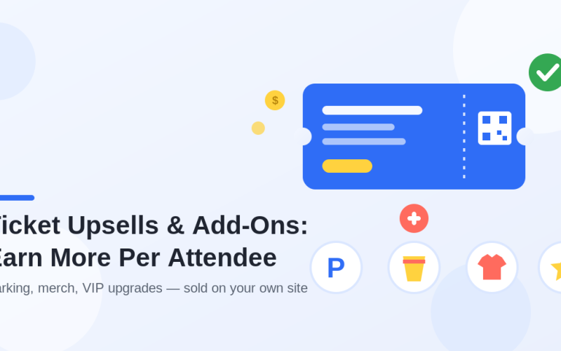 Flat illustration of an event ticket with a plus sign and add-on icons for parking, drinks, merchandise, and VIP, titled Ticket Upsells and Add-Ons: Earn More Per Attendee